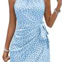 LIGHT DOT Women's Summer Dress Dot Print Halter Neck Tie Waist Casual Zipper Back Sundress Vacation Beach (Blue, M)