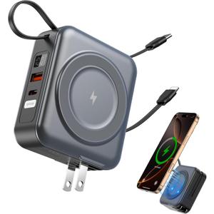 for Magsafe Portable Charger with AC Wall Plug, 6-in-1 Magnetic Wireless Power Bank 10000mAh Built-in Cables, 22.5W Type-C in&Out Fast Charging Battery Pack for iPhone 17/16/15/14/13/12 Series, Gray