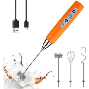 YUSWKO Fluorescence Orange Handheld Milk Frother Wand for Coffee, Rechargeable Electric Whisk with 3 Heads 3 Speeds Drink Mixer Coffee Frother For Latte, Cappuccino, Hot Chocolate, Egg