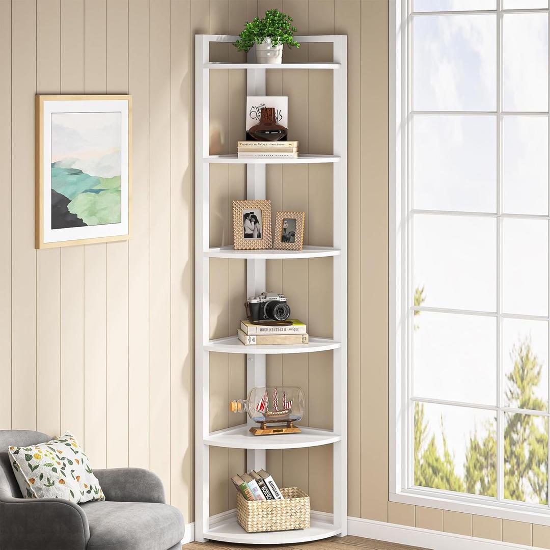 Tribesigns 6 Tier Corner Shelf, 70.9 Inch Tall Corner Bookshelf Small Bookcase Modern Corner Shelving Unit Storage Rack for Living Room, Home Office, Kitchen, Small Space (White)