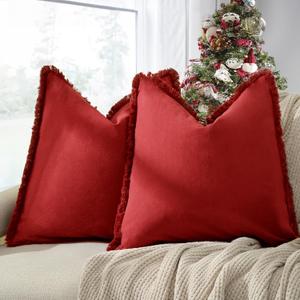 ZWJD Red Pillow Covers 22x22 Set of 2 Throw Pillows with Fringe, Chic Cotton Decorative Square Cushion Covers for Sofa, Couch, Bed, Living Room, Farmhouse, Boho Decor