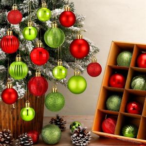 Lunmon 64 Pcs Christmas Ball Ornaments Lime Green Red Plastic Glitter Christmas Tree Decoration Assorted Size Hanging Xmas Ornament for Tree Home Indoor Decor, 1.6/1.97/2.4 Inch