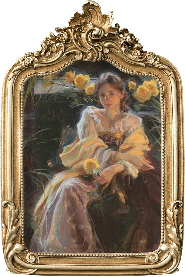 eletecpro 5x7 Vintage Picture Frame with Glass Cover, Antique Ornate Gold Arch Photo Frame 5 x 7 for Tabletop or Wall Hanging, Vintage Gold