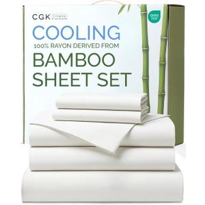 100% Rayon Derived From Bamboo - Sheets Split King Size - Cooling Sheets for Split King - Ultra Soft Hotel Luxury Bedding - 1 Flat & 2 Fitted & 2 Pillowcases with 18 Inch Deep Pockets - White