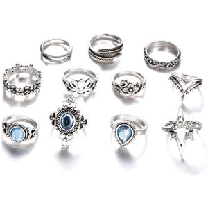 11 Pcs Bohemian Stackable Joint Knuckle Ring Set Carved Flower Star Leaf Gemstone Midi Ring Vintage Finger Rings for Women