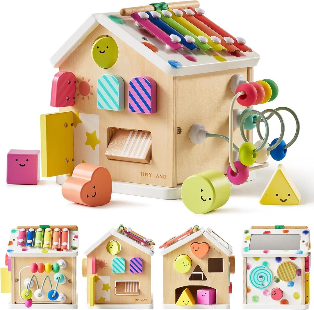 Tiny Land 9-in-1 Wooden Activity Cube, Montessori Baby Activity Center for 1+ Year Old, Educational Toy for Toddlers, Ideal Gift for Girls and Boys (Rainbow)