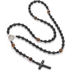 Tiger Eye Cross Necklace for Men, Obsidian Necklace, Hematite Cross Pendant Lava Rock Rosary Healing Crystal Necklaces