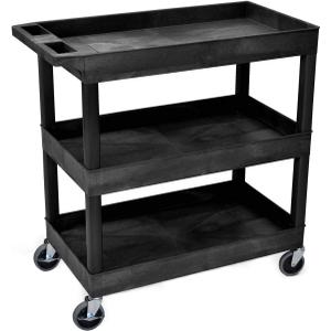 LUXOR EC111-B Heavy Duty Plastic Utility Cart, 32" x 18" Rolling Tub Cart with Three Shelves, 300 lbs. Capacity, Ergonomic Push Handle, Black (1 Pack, Black)