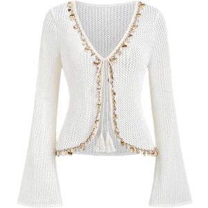 SweatyRocks Women's Boho Lace Up Bell Sleeve Sweater Cardigans V Neck Sweater Knitted Tops, Large