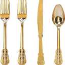 WDF 200 Pieces Gold Plastic Silverware Disposable - 50 Guests Heavy Duty Thanksgiving Gold Plastic Cutlery - Disposable Utensils Includes 100 Forks, 50 Spoons, 50 Knives Perfect for Party/Weeding