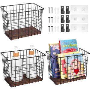 Wall Hanging Baskets 3 Pack, Diversified Wire Basket Shelves of Wooden Style, with Wall Mounted Hooks & Traceless Stickers, for Kitchen Coffee Bar Office Room Garage Storage Organization (Large)