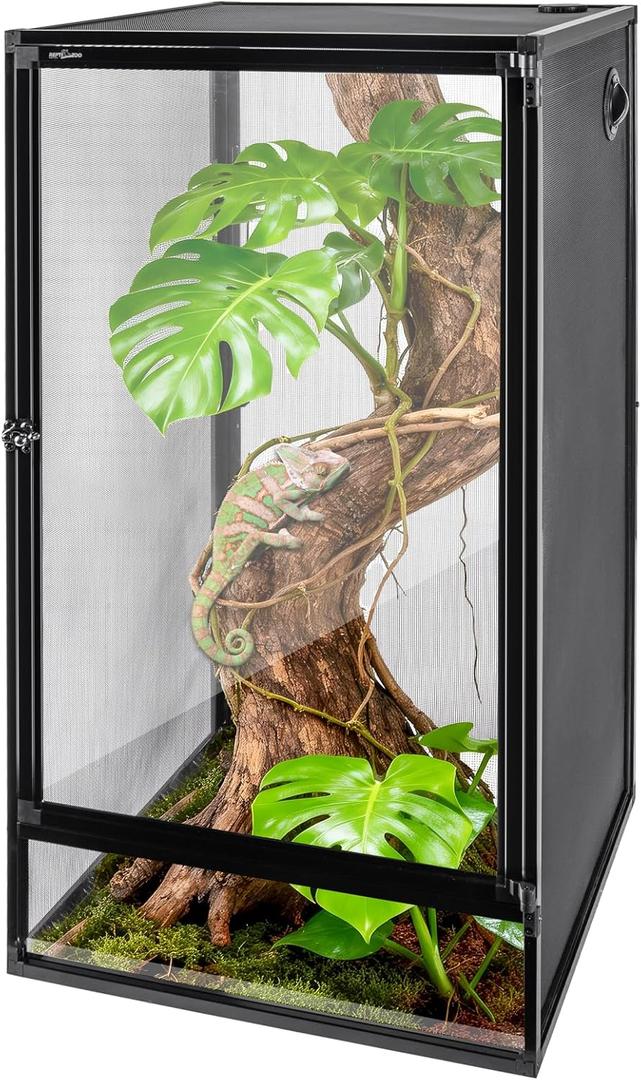 REPTI ZOO 18" x 18" x 36" Front Opening Chameleon Cage with 3-Sided Metal Mesh, 50 Gallon Screen Vertical Terrarium with Background Sticker, Tall Enclosure for Chameleon, Tree Frog, Arboreal Reptiles