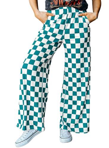 Acelitt Women's Casual Checkered Pants 2026 Spring Summer Lightweight Elastic Waist Comfy Loose Wide Leg Plaid Beach Pants Trousers Vacation Outfits XX-Large
