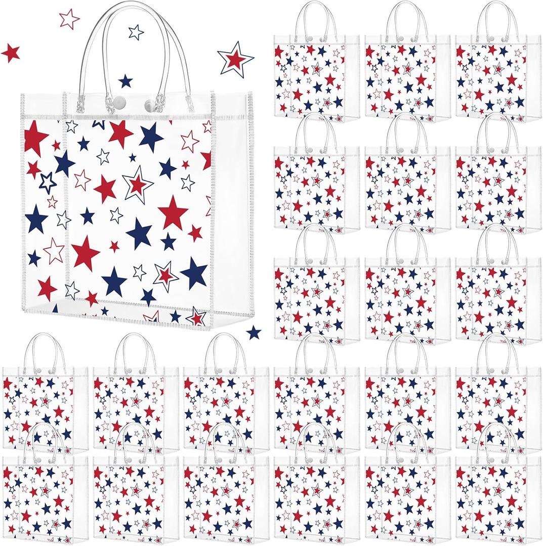 Kosiz 24 Pcs Patriotic Gift Bags Patriotic Party Favors Red White Blue American Star Clear PVC Gift Bags, Memorial Day Independence Day 4th of July with Handle for USA Party Supplies