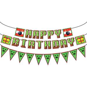 IndoTribe Pixel Happy Birthday Banner Pre-strung - 10ft Pennant Banner Flag Video Game Birthday Decorations Miner Backdrop Gaming Birthday Party Decorations Gamer Party Decorations (Green Set)