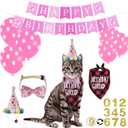 16 Pcs Cat Birthday Party Supplies, Cat Birthday Bandana with Number Hat, Banner, Bow Tie, Balloons (Pink)