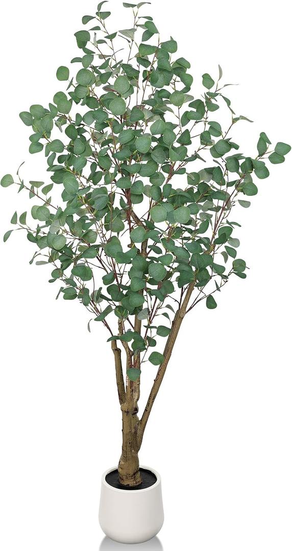 Artificial Eucalyptus Trees with White Planter, 6 FT Faux Eucalyptus Plants Indoor Tall Fake Floor Trees with Silk Leaves and Thick Trunk for Living Room Bedroom Corner Home Office Decoration