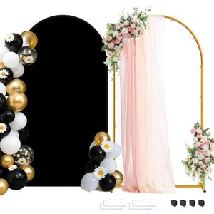 Metal Arch Backdrop Stand and Cover Set, 7.2FT Gold Wedding Backdrop Arch Frame Stand with Cover, Balloon Arch Stand with Black Arch Cover for Party Birthday Baby Shower Graduation Decorations