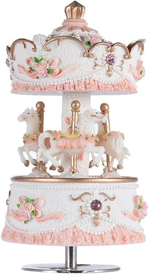 Carousel Music Boxes for Girls 3-Horse Rotating Windup Melody Castle in The Sky Color Change LED Lights Musical Gift for Daughter Birthday Christmas Festival Music Box Artware Pink (Pink and White)