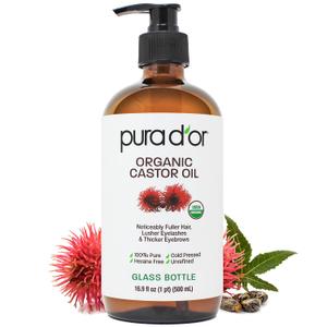 PURA D'OR 16.9 oz Organic Castor Oil (GLASS BOTTLE) Pure Cold-Pressed Hexane-Free USDA Certified  Lashes Brows Hair Scalp Skin  Botanical Moisturizer for Softness Strength Hydration Shine Radiance