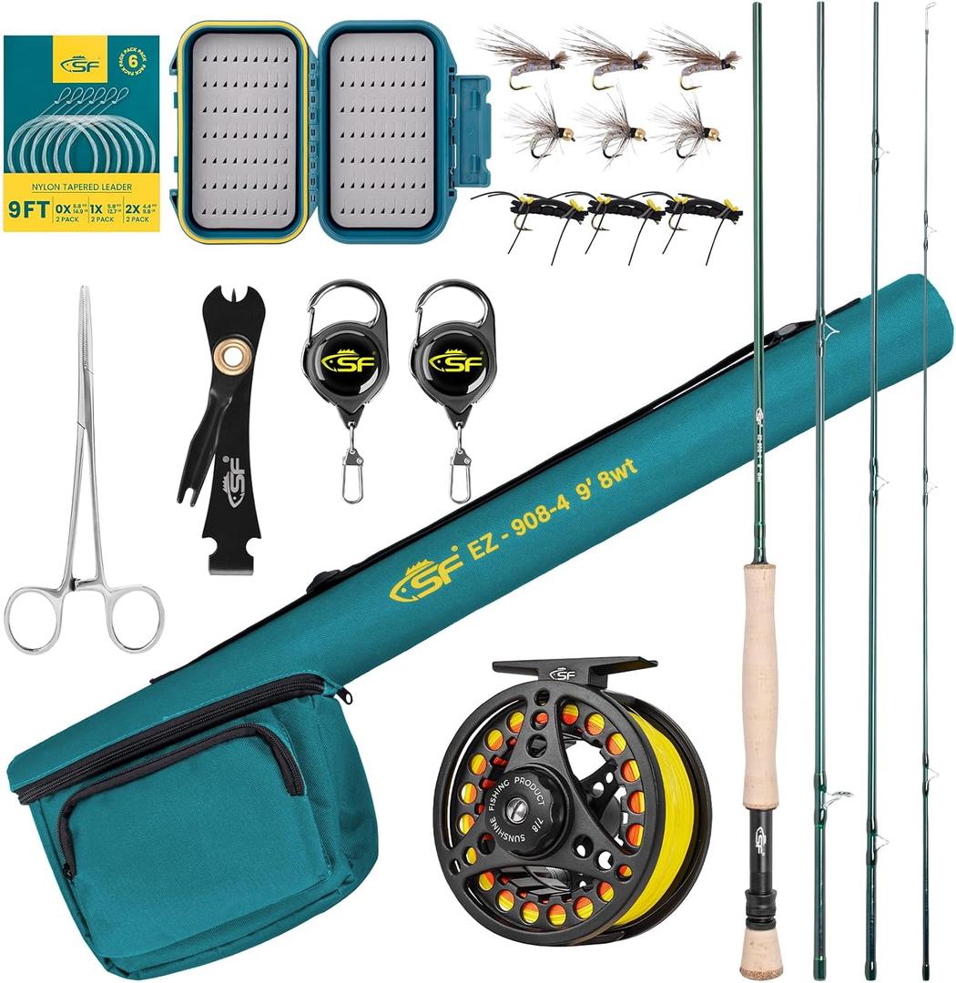 SF Fly Fishing Rod Combo Starter Kit Semi Gloss Green Jade Finish 24T Carbon Fiber Trout Travel Fly Rod with Reel,Fly Rod case,Fly Box , Flies,Tapered Leader,Knot Tying Tools, 9', 8wt, 4sec, M.F