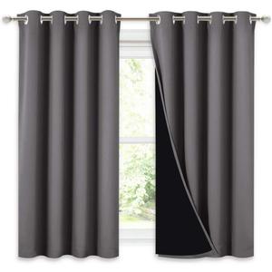 NICETOWN 100% Blackout Curtains with Black Liners, Thermal Insulated Full Blackout 2-Layer Lined Drapes, Noise Cancellation Window Draperies for Dining Room (Grey, 2 Panels, 52-inch W by 54-inch L)