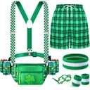 St Patricks Day Accessories Leprechaun Costume Green Fanny Pack with Drink Holder Irish Shamrock Shorts for Men(Plaid,XXL)