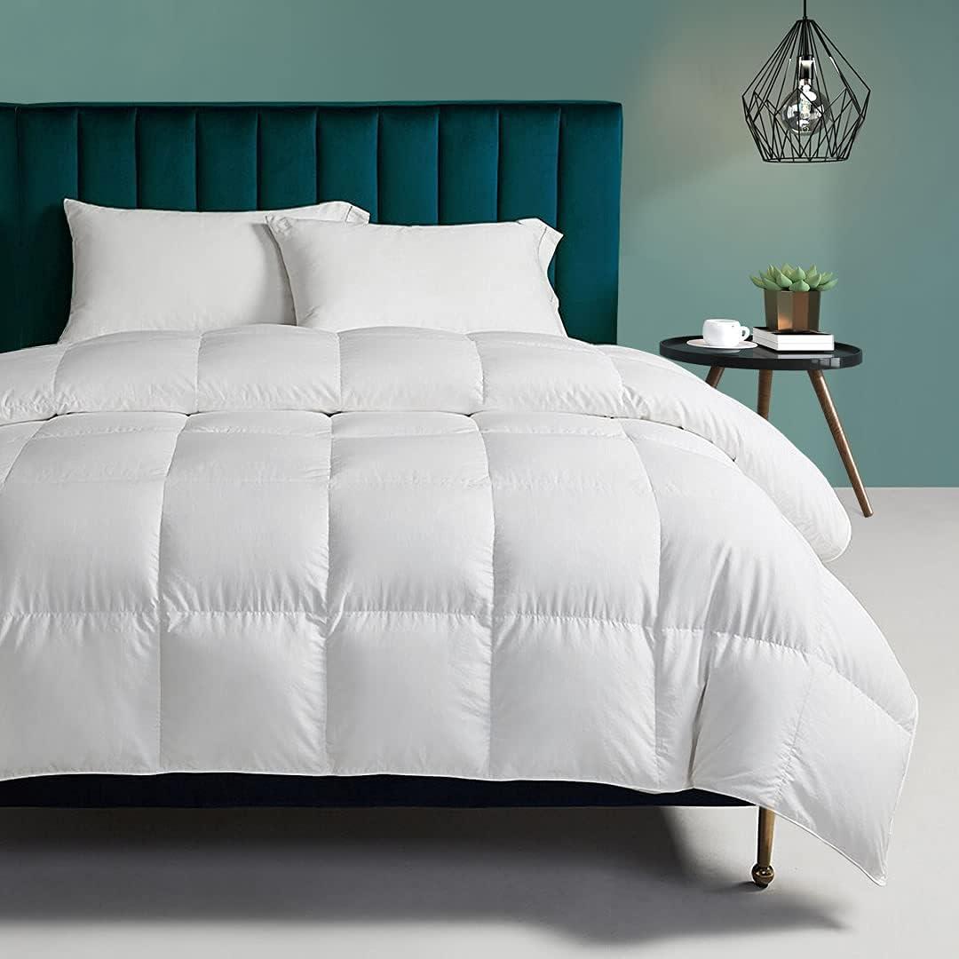 Organic Feather Down Comforter Queen Size - All Season Duvet Insert Organic Cotton, Medium Warm Quilted Bed Comforter with Corner Tabs (90x90, White)