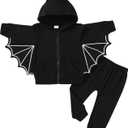 YOUNGER TREE Toddler Baby Girls Boys Halloween Outfit Black Bat Hoodies with Pocket Zipper Coat Pant Set Winter Clothes(Black Set, 18-24 Months)
