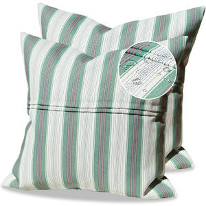 Pack of 2 Spring Outdoor Waterproof Pillow Covers 18x18 Coastal Hampton Style Decorative Outdoor Throw Pillows Garden Square Cases for Patio Furniture, Couch, Bench, Green And White Striped