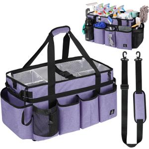 Extra large Cleaning Caddy Bag Built-in Sturdy Support Board, Cleaning Organizer with Detachable Divider, Cleaning Supply Tote with Adjustable Shoulder Strap (Purple, 19'' x 11'' x 11'')