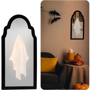 2025 Halloween Ghost Mirror with Wood Flame  Hologram Ghost Mirror, Spooky Halloween Decor for Indoor Spaces, Bedroom, Kitchen, and Fireplace Decoration (15"L x 6.9"W, Black)