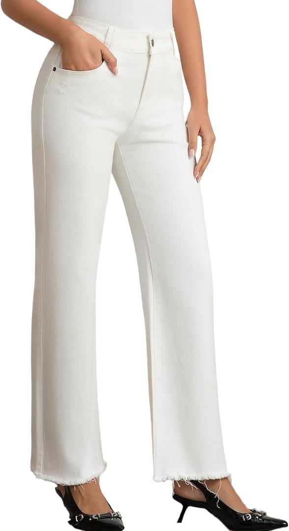 JK SUE JONES Wide Leg Jeans for Women Mid High Waist Straight Leg Boyfriend Mom Denim Pants Frayed Raw Hem (2, 501-white21)