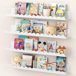 Floating Shelves for Wall, 23 Inch Metal Nursery Book Shelves 4 Pack, Wall Mounted Book Shelf for Kids Room, Bedroom, Bathroom, Playroom Decor White