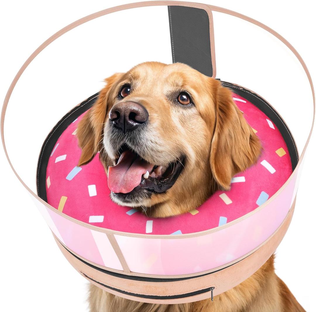 Inflatable Dog Cone with Anti-Licking Clear Shield, Protective Dog Donut Collar After Surgery, Adjustable Soft Recovery Cone for Pets, Alternative Collar with Buckle Strap (Pink, L) 