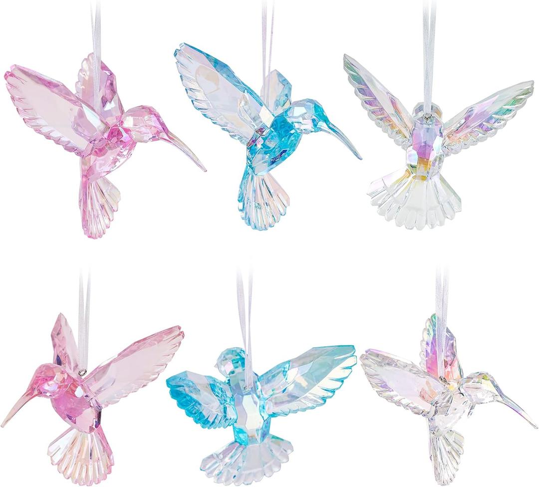 6 Pieces Hummingbird Ornaments Acrylic Hummingbird Figurines Large Crystal Pendants Shiny Iridescent Purple, Blue and Clear Bird Decoration