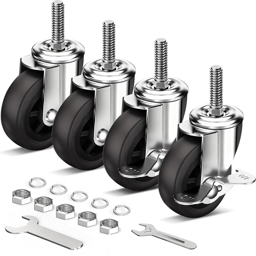 Climberer 2-inch Heavy-Duty Casters, Set of 4 with Mirror-Finish Chrome Plating, 3/8"-35mm Threaded Stem, Quiet Swivel Locking Wheels, Gray
