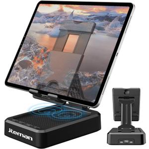 JTEMAN Tablet Stand Adjustable with Bluetooth Speakers, Kitchen Gadgets, Gifts for Women Men, Wireless Bluetooth Speaker Tablet Holder, Desk Mic Charging Station Compatible with Phones and Tablet (Silver Black)