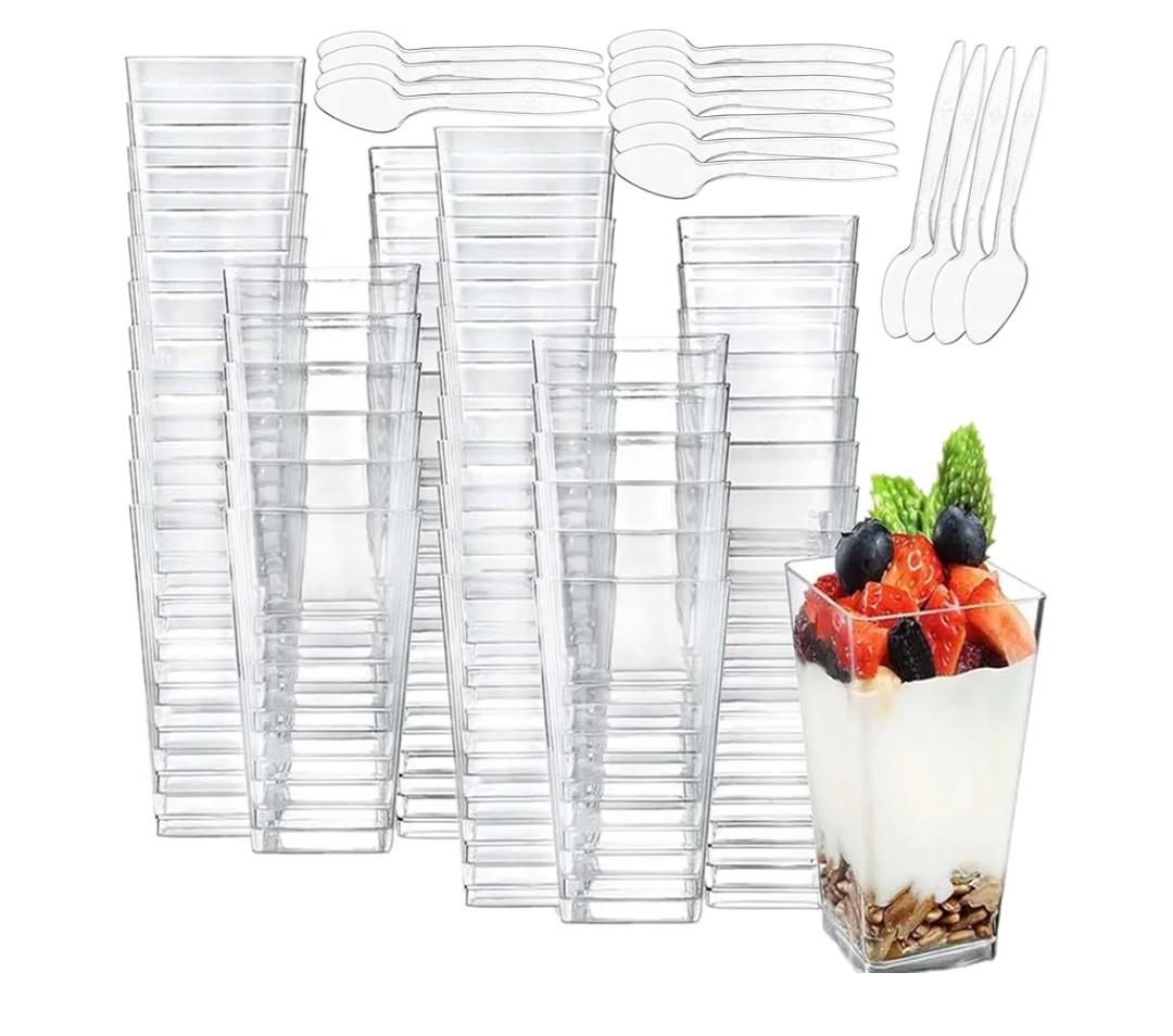96 Pack Square Mini Dessert Cups with Spoon, 3oz Clear Shooter Cups for Party, Reusable Plastic Pudding Parfait Cups for Yogurt Jello Ice Cream