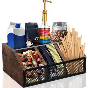 Coffee Station Organizer for Countertop, Wood Coffee Creamer Bar Holder with Iron Mesh for Pods, Syrup, Cups, Tea - Office Tea Bar Accessories Gift for New Home Birthday(Dark Brown,Classical)