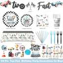 179 PCs Two Fast Birthday Decor, 2 Fast Birthday Decoration with Plates Napkins Tablecloth Hanging Swirls for Boys Vintage Race Car Theme 2nd Party Tableware Set