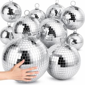 17 Pcs Disco Ball Set, Large & Mini Silver Mirror Balls (12", 8", 6", 4", 3.2"), Reflective Glass Hanging Ornaments for 70s Party, Wedding, Stage Decor, Christmas Tree & New Year Decoration