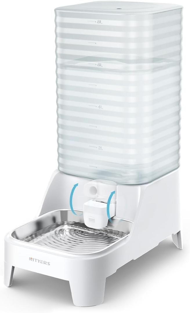 Automatic Dog Water Bowl Dispenser with Patented Faucet - 8L Large Gravity Cat Water Dispenser with Filter & Adjustable Base, Wide Mouth for Easy Clean, BPA-Free, Stainless Steel Pet Waterer for Pets (Transparent&White)