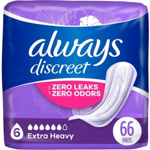 Always Discreet Adult Incontinence Pads for Women, Drier, 6 Drop Regular Length, Extra Heavy Absorbency, Pads for Bladder Control Management, Bladder Leaks, & Postpartum Pads, 66ct