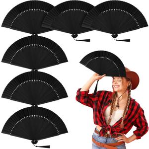 Thyle 6 Pcs Small Folding Hand Fans Bulk - 8.3 Inch Vintage Chinese Japanese Style, Black Fans DIY for Wedding, Party Favors, Dance Performance, Bridal Shower Decorations & Gifts