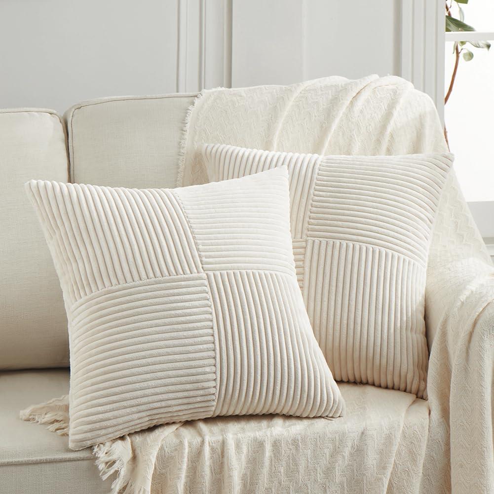 Fancy Homi 2 Packs Cream Decorative Throw Pillow Covers 22x22 Inch for Living Room Couch Bed Sofa, Rustic Farmhouse Boho Home Decor, Soft Corss Corduroy Patchwork Accent Square Cushion Case 55x55 cm