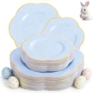 Liacere 50PCS Blue Plastic Plates - Heavy Duty Ice Blue Disposable Plates - Blue and Gold Plastic Plates Include 25PCS Blue Dinner Plates, 25PCS Blue Dessert Plates for Easter Day