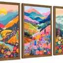 InspiredHues Colorful Mountain Boho Canvas Wall Art Set, 3 Piece Watercolor Flower Picture Wall Decor, Abstract Nature Landscape Artwork Prints for Living Room Bedroom Office 16x24 In Wood Framed