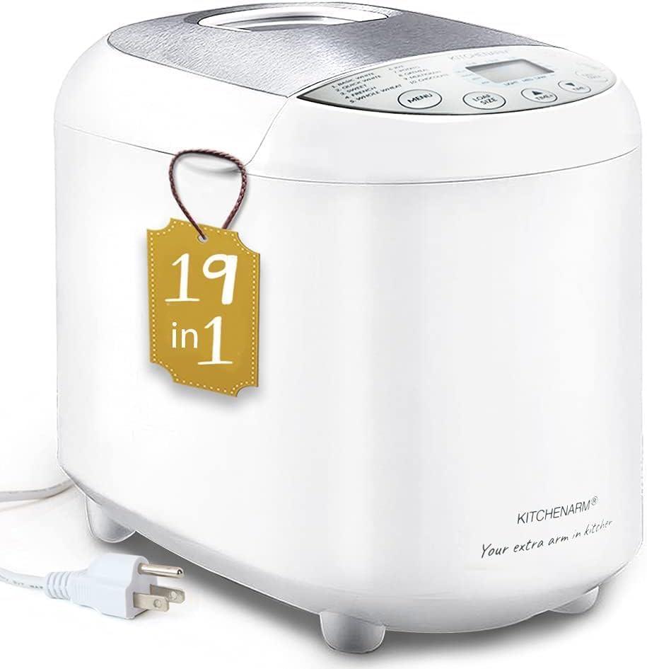 KITCHENARM 19-in-1 HANDY Bread Machine with Homemade Cycle and Gluten Free Setting - Beginner Friendly 2LB 1.5LB 1LB White Bread Maker Machine with Recipes and Delay Timer (19 Programs - 3 Loaf Sizes - 3 Crust Colors, White Body - Stainless Steel Lid & Chamber)