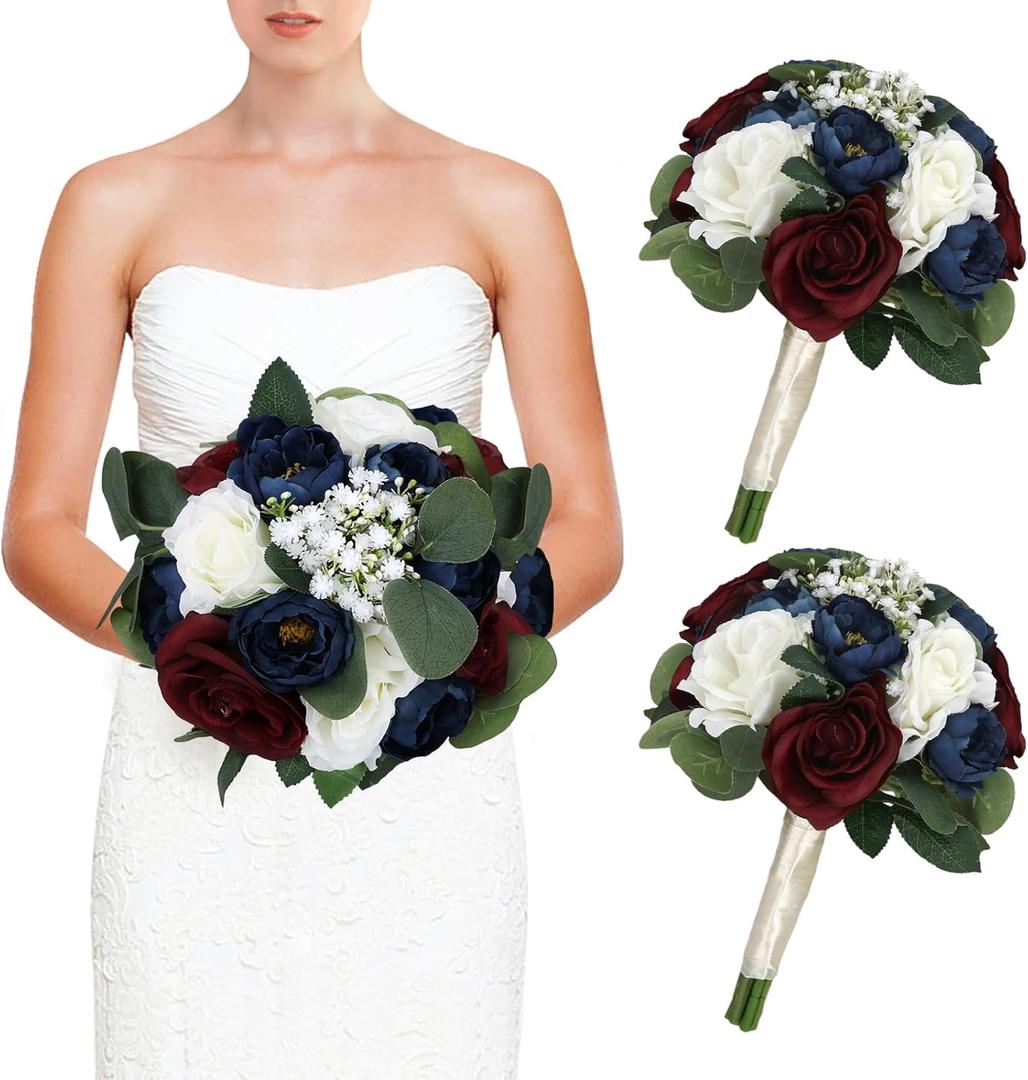 Set of 2 Bridesmaid Bouquets, 11 Inch Wedding Artificial Flower Bouquets for Wedding Ceremony Bridal Shower Decorations - Burgundy & Navy Blue